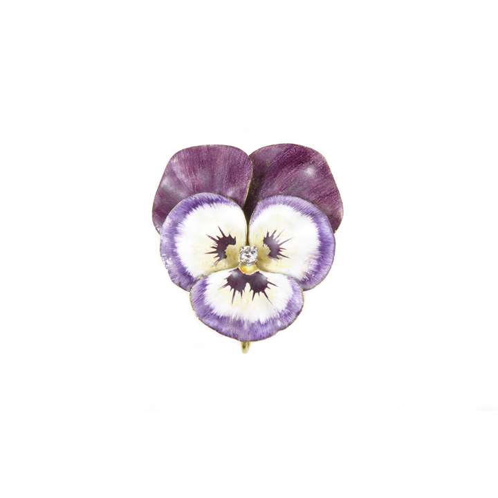 Antique violet and white enamel, diamond and 14ct gold pansy brooch by Krementz, American c.1900,
